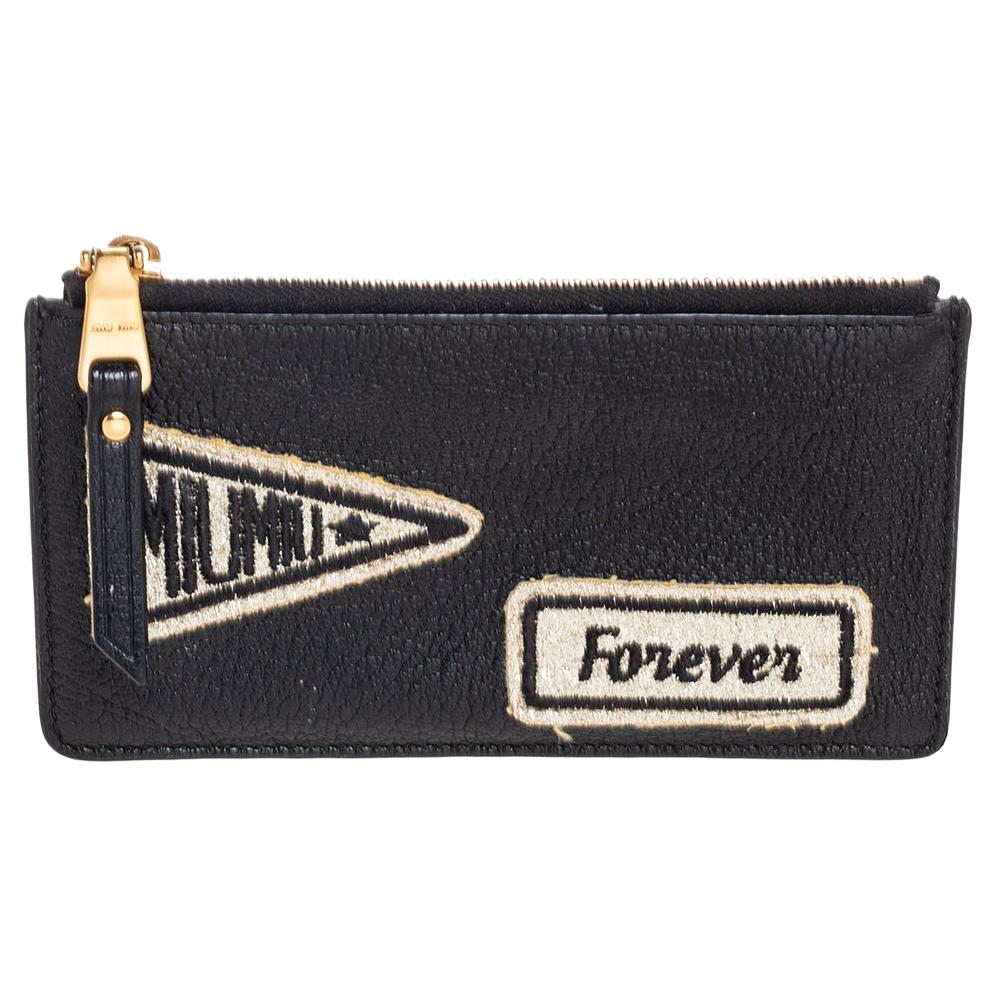 Miu Miu Black Leather Patch Zip Card Case