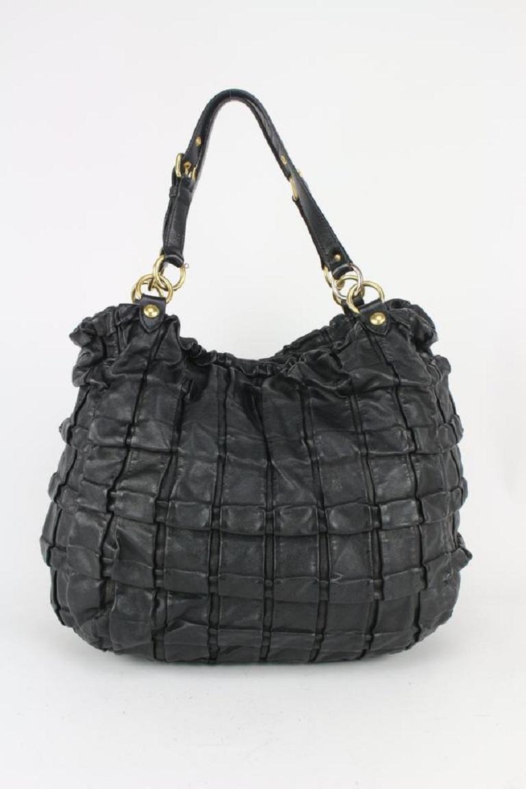 Women's Miu Miu Black Leather Quilted Ruffle Hobo Bag 44miu722 For Sale