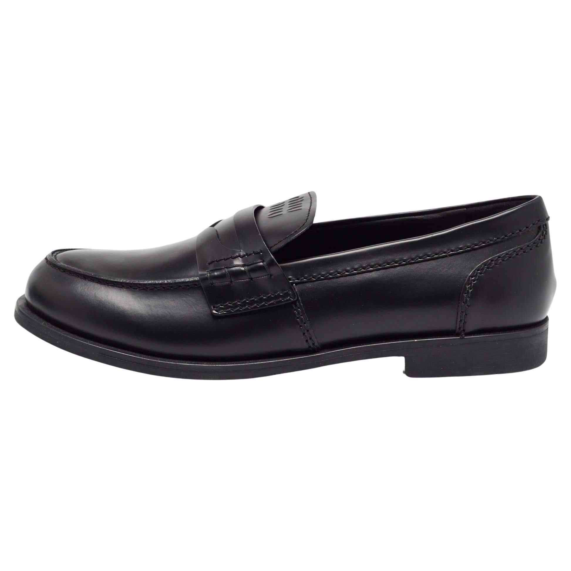 Miu Miu Black Leather Slip On Loafers Size 39.5 For Sale