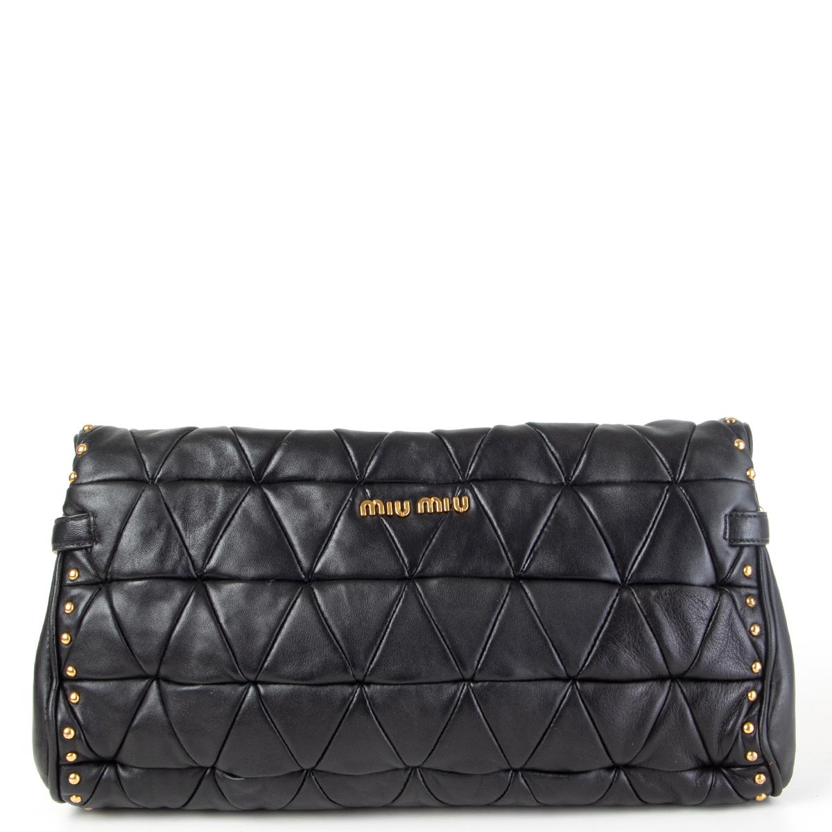Black MIU MIU black leather STUDDED MATELASSE QUILTED Clutch Bag For Sale