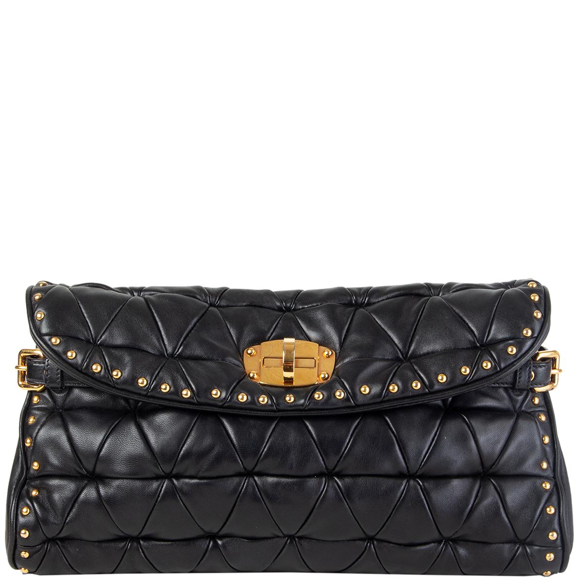MIU MIU black leather STUDDED MATELASSE QUILTED Clutch Bag