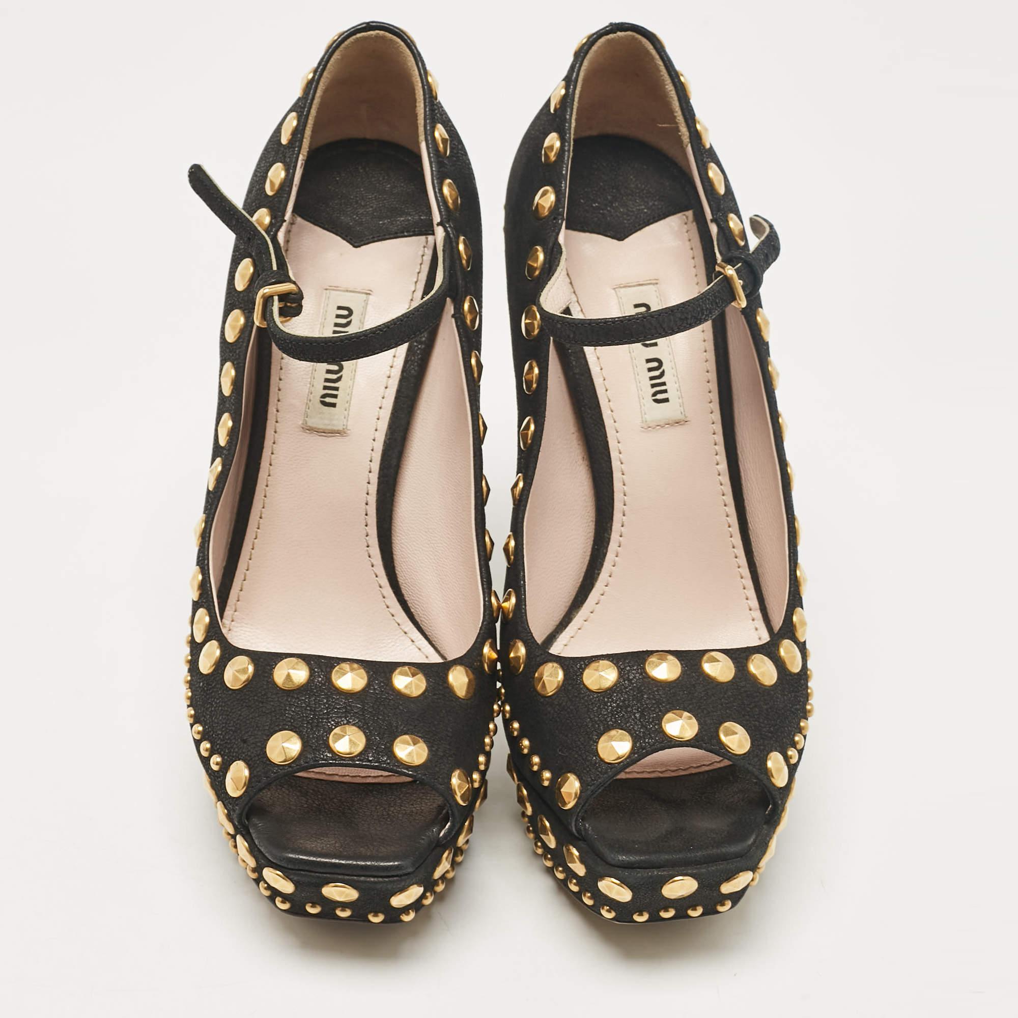 Noir Miu Miu Black Leather Studded Open Toe Platform Mary Jane Pumps Size 38.5 en vente