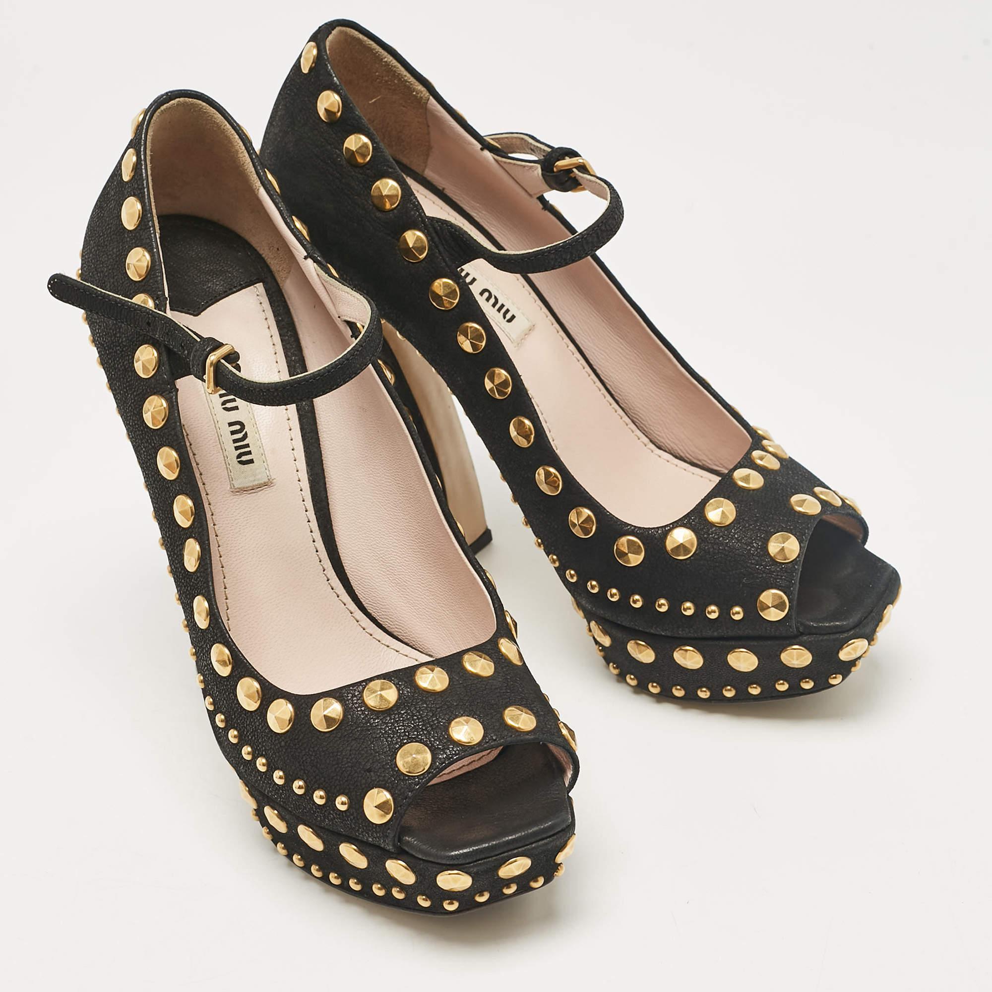 Miu Miu Black Leather Studded Open Toe Platform Mary Jane Pumps Size 38.5 Bon état - En vente à Dubai, Al Qouz 2