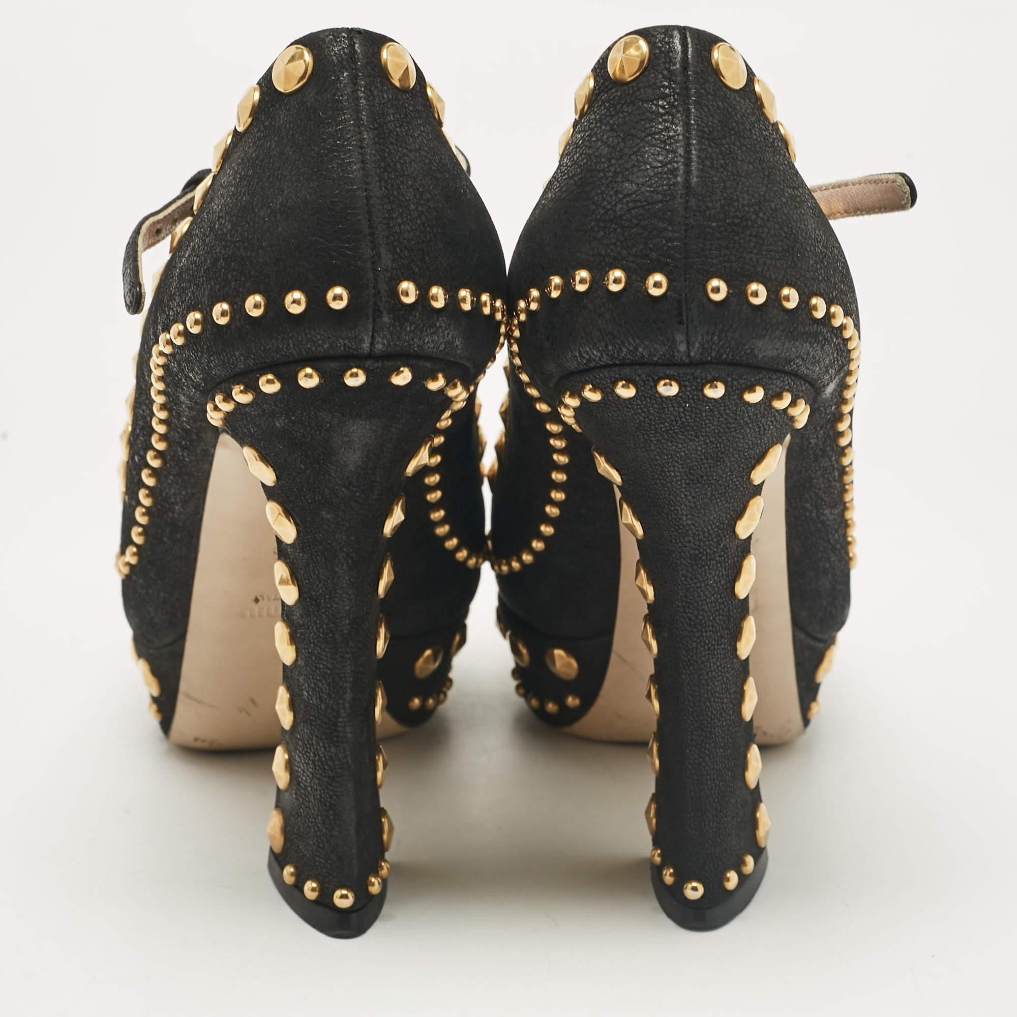 Miu Miu Black Leather Studded Open Toe Platform Mary Jane Pumps Size 38.5 Pour femmes en vente