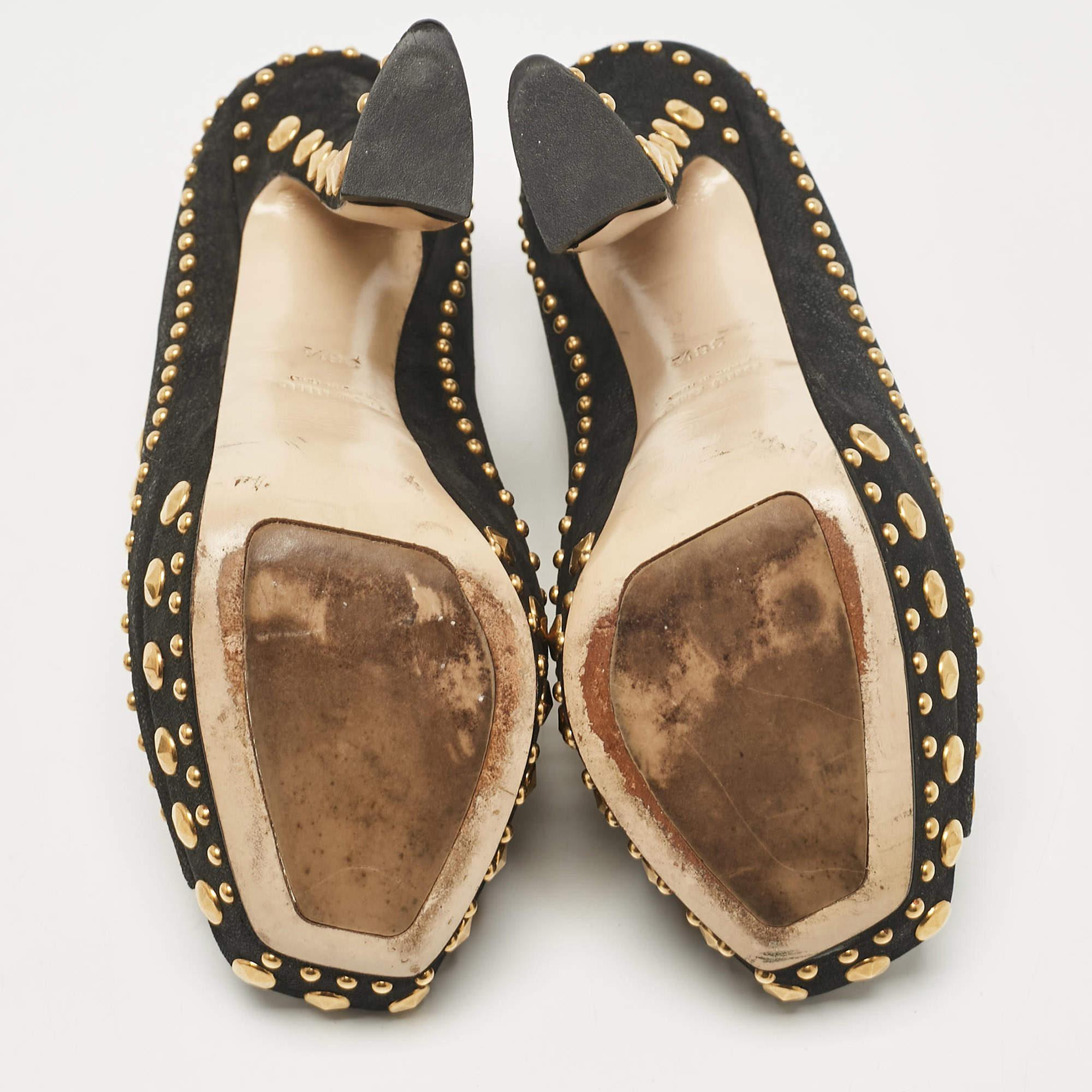Miu Miu Black Leather Studded Open Toe Platform Mary Jane Pumps Size 38.5 en vente 1