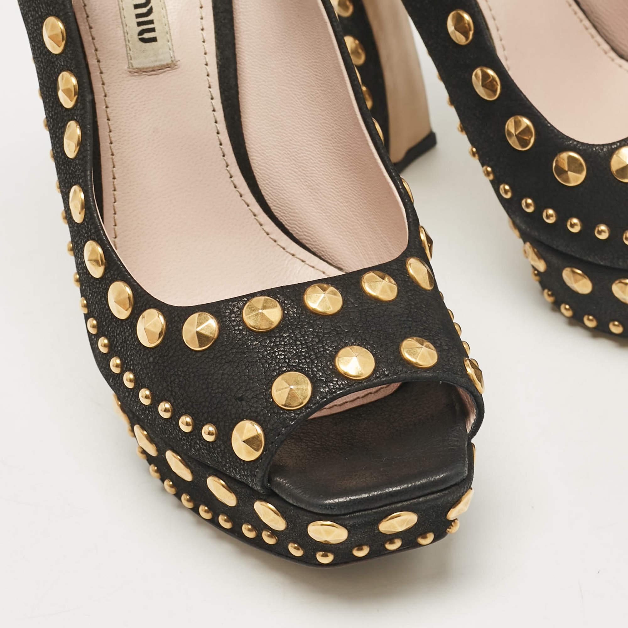 Miu Miu Black Leather Studded Open Toe Platform Mary Jane Pumps Size 38.5 en vente 2