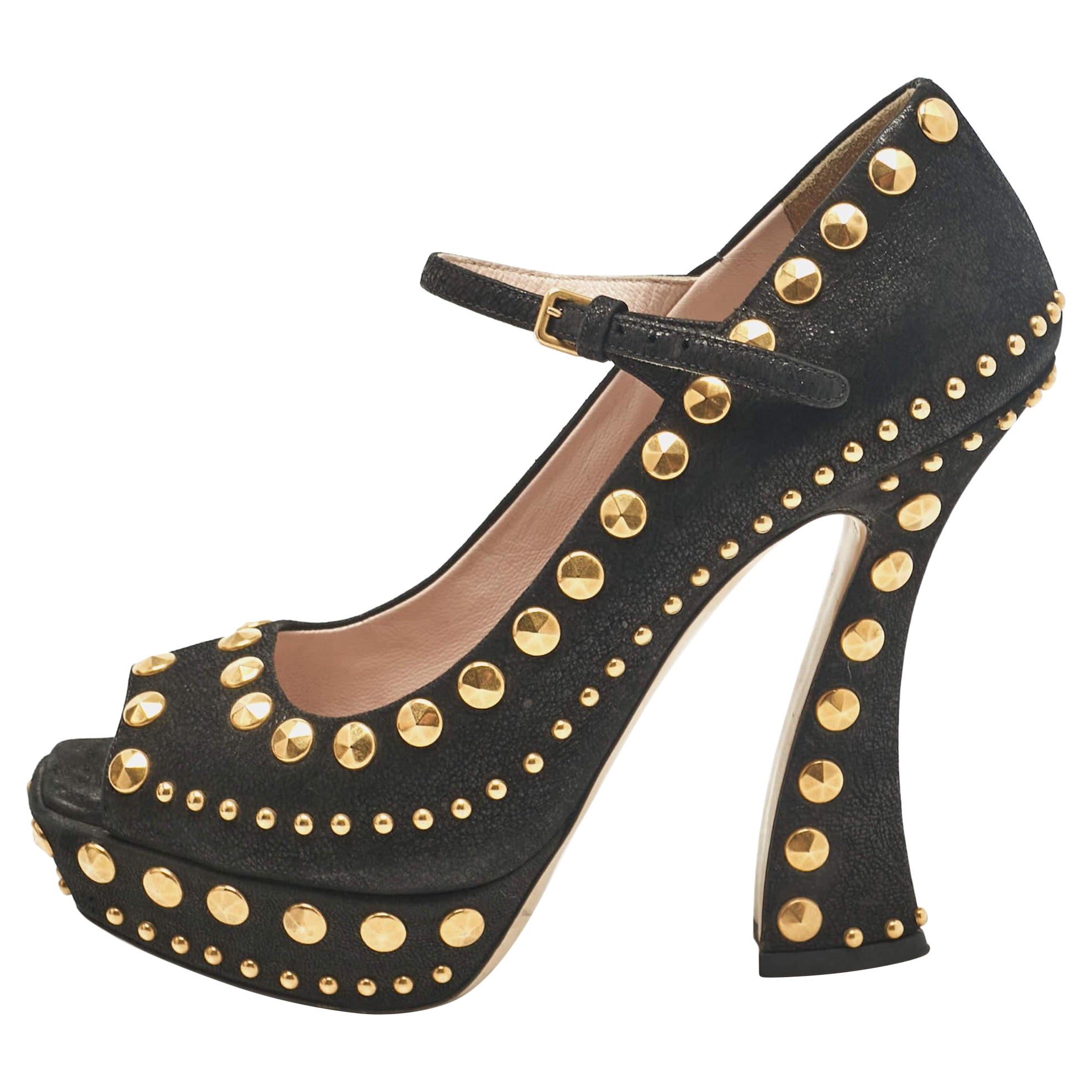 Miu Miu Black Leather Studded Open Toe Platform Mary Jane Pumps Size 38.5