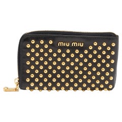 Miu Miu Black Leather Studded Zip Around Wallet