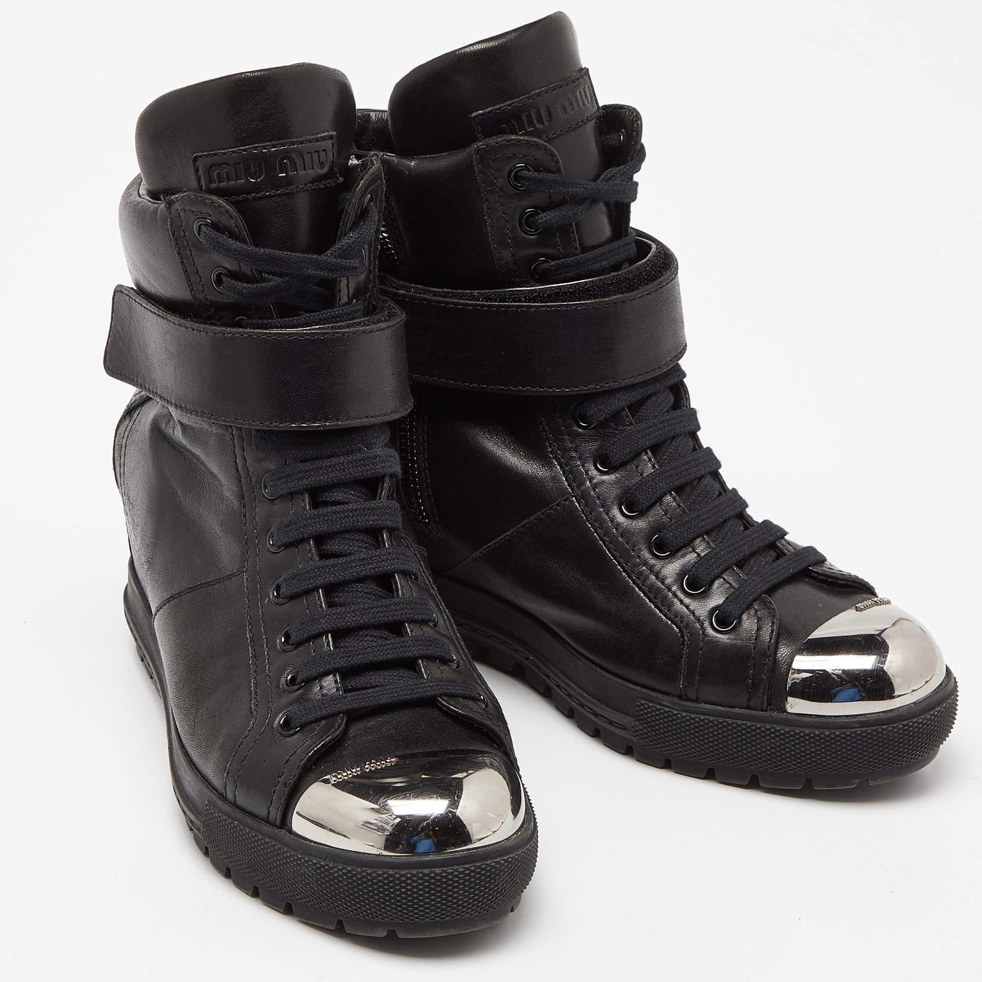 Miu Miu Black Leather Toe Cap Wedge Ankle Boots Size 38.5 For Sale 1