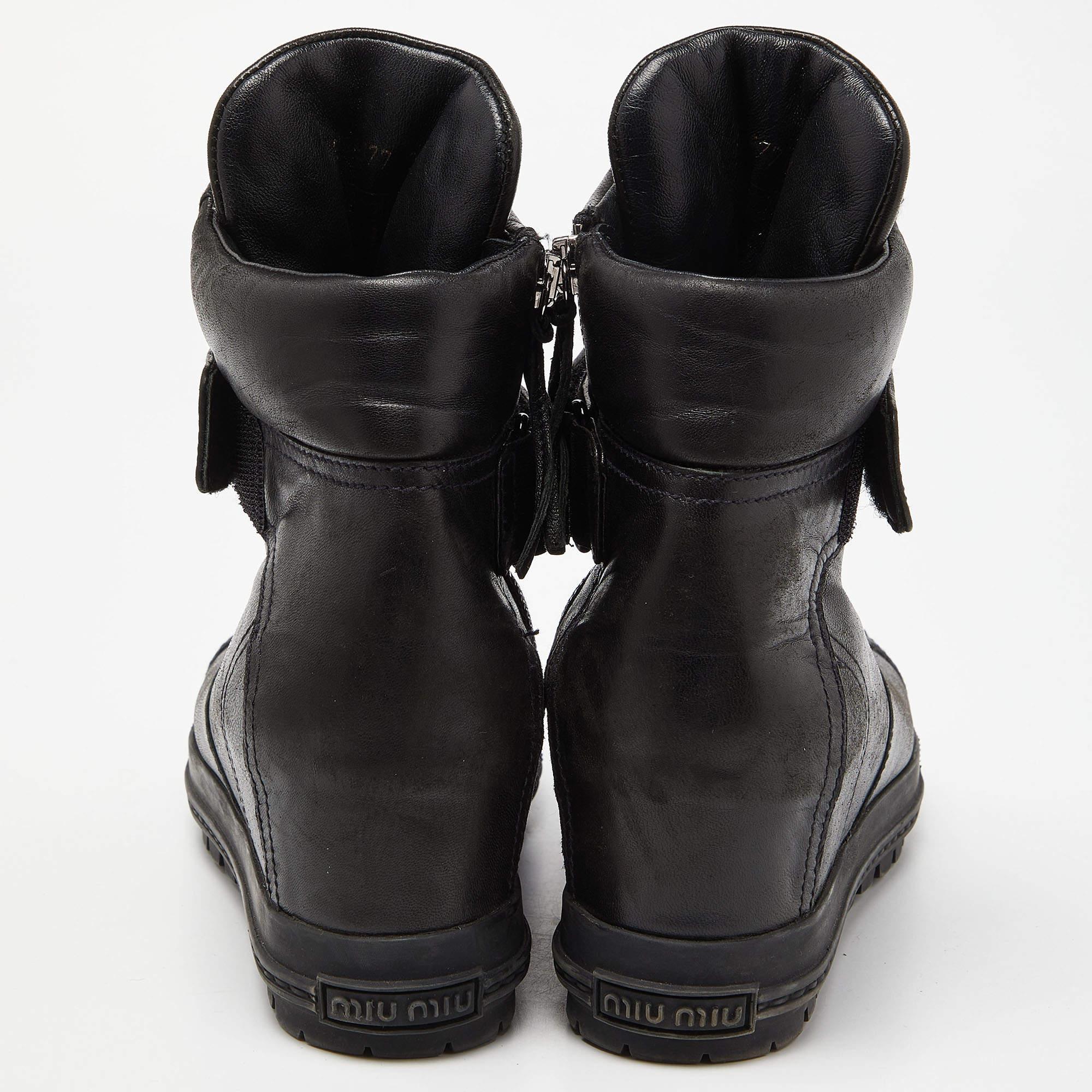 Miu Miu Black Leather Toe Cap Wedge Ankle Boots Size 38.5 For Sale 2