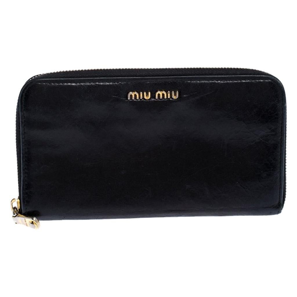 Miu Miu Black Leather Zip Around Wallet