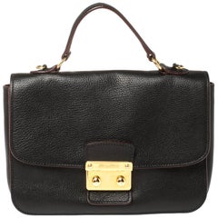 Miu Miu Black Madras Leather Push Lock Flap Top Handle Bag