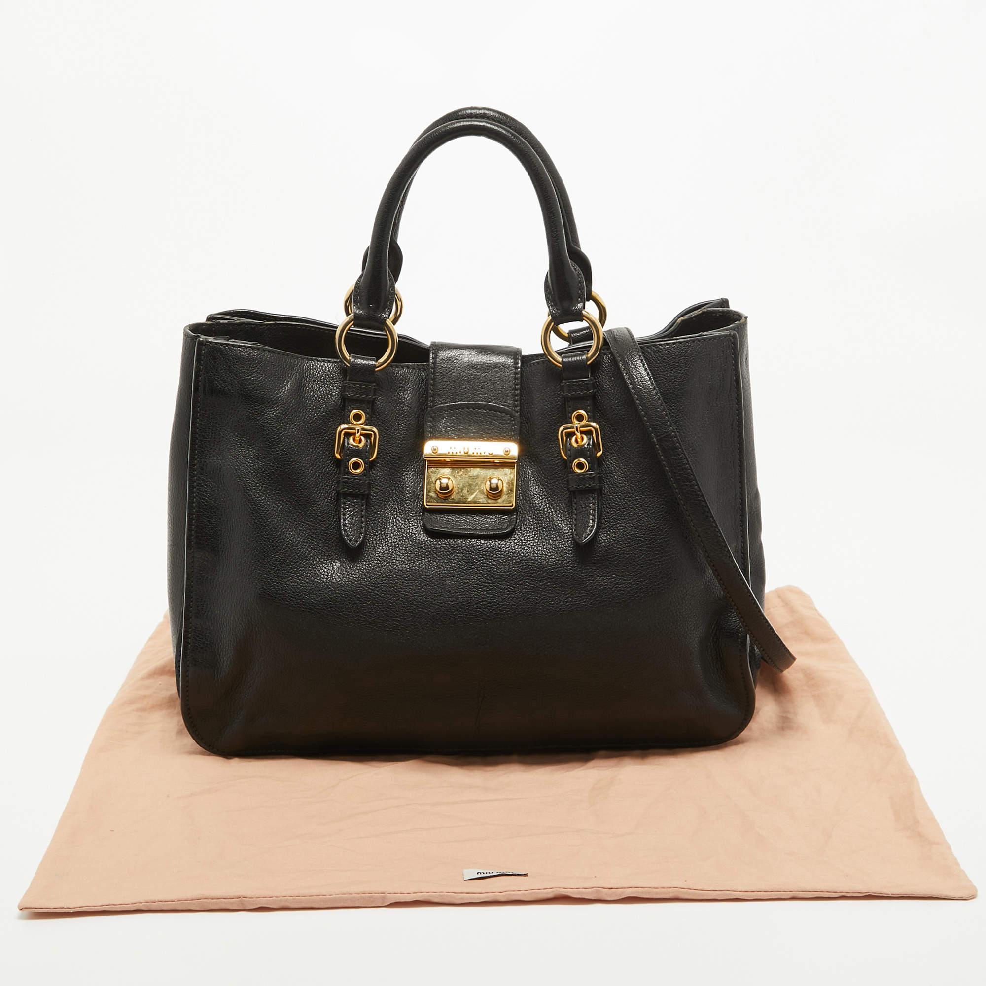 Miu Miu Black Madras Leather Pushlock Tote For Sale 11