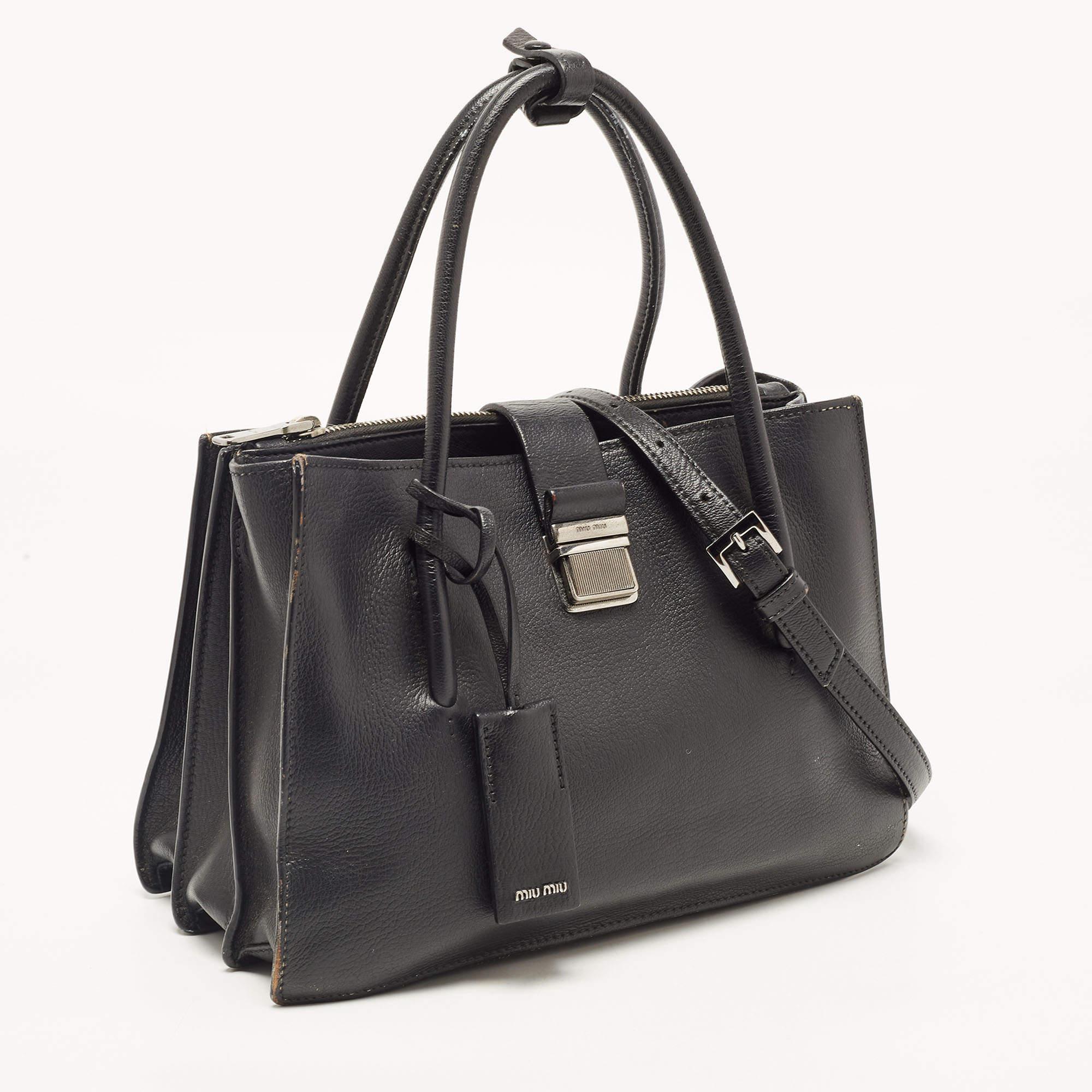 Women's Miu Miu Black Madras Leather Pushlock Tote