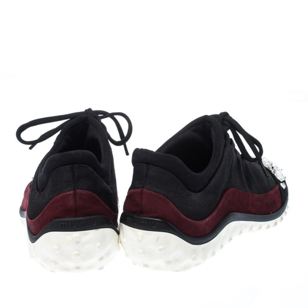 Miu Miu Black/Maroon Fabric and Suede Jeweled Toe Sneakers Size 38 In Good Condition In Dubai, Al Qouz 2