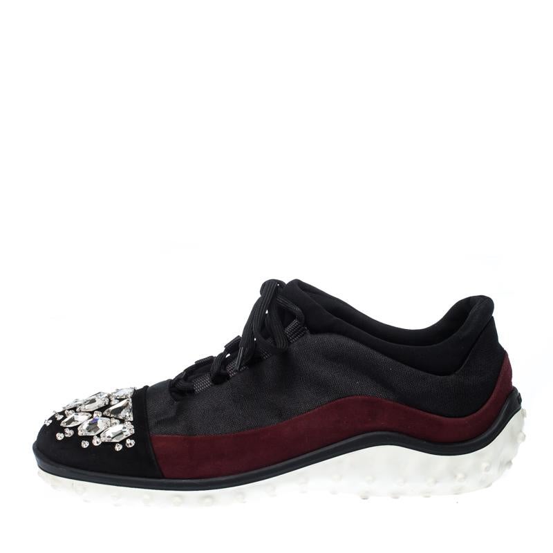 Miu Miu Black/Maroon Fabric and Suede Jeweled Toe Sneakers Size 38 1