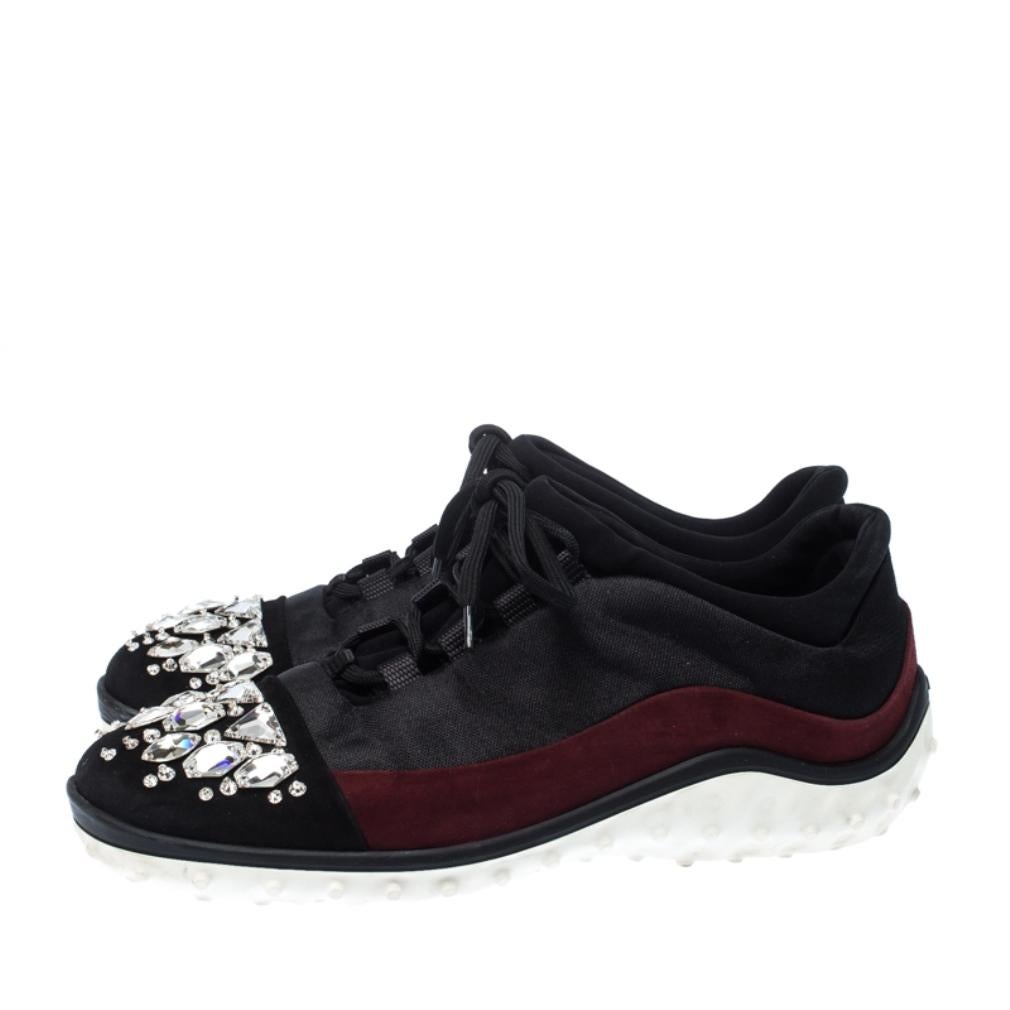Miu Miu Black/Maroon Fabric and Suede Jeweled Toe Sneakers Size 38 2