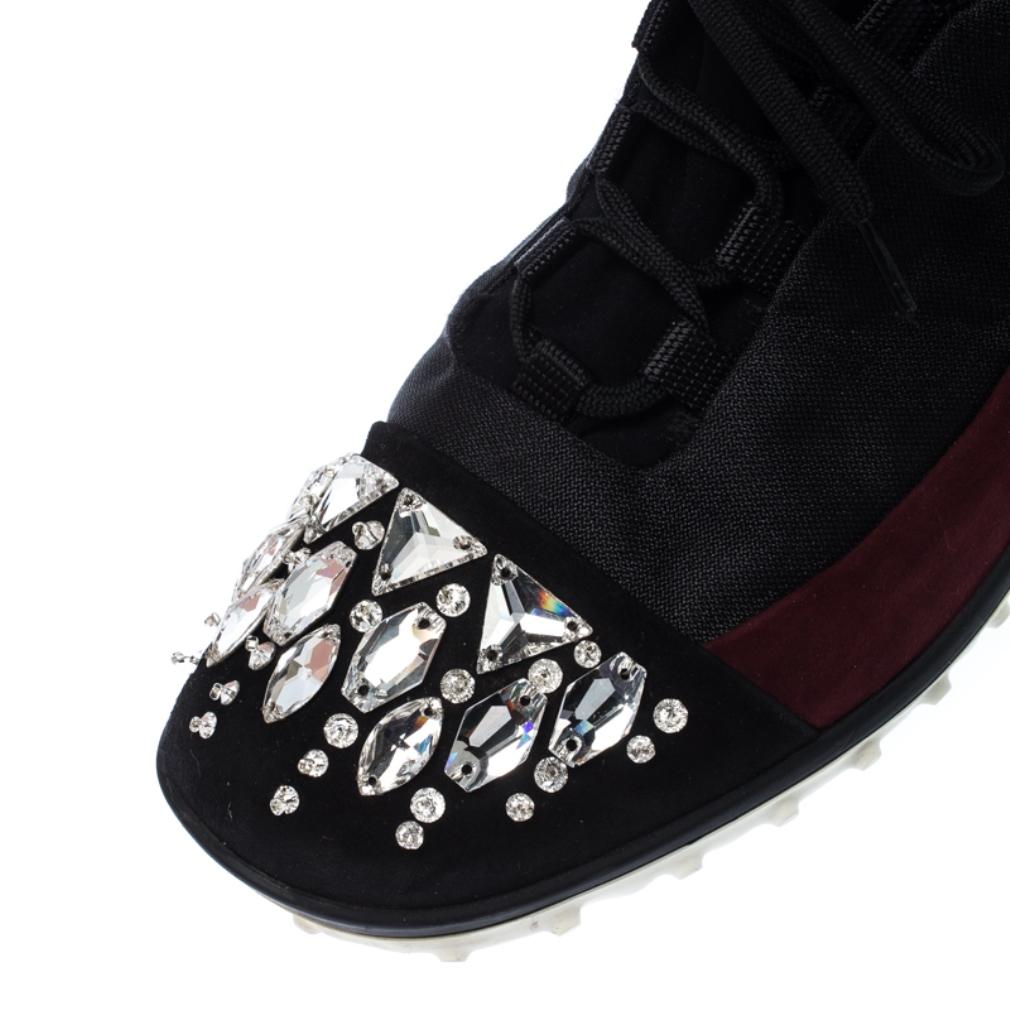 Miu Miu Black/Maroon Fabric and Suede Jeweled Toe Sneakers Size 38 4
