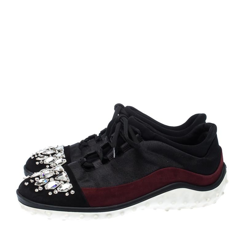 Miu Miu Black/Maroon Fabric and Suede Jeweled Toe Sneakers Size 38 4