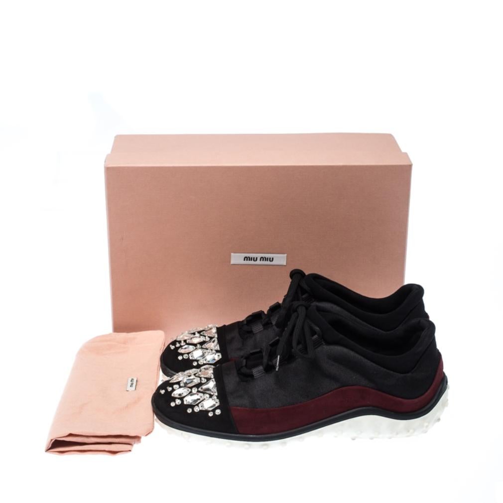 Miu Miu Black/Maroon Fabric and Suede Jeweled Toe Sneakers Size 38 5