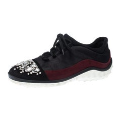 Miu Miu Black/Maroon Fabric and Suede Jeweled Toe Sneakers Size 38
