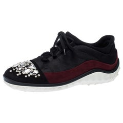 Miu Miu Black/Maroon Fabric and Suede Jeweled Toe Sneakers Size 38