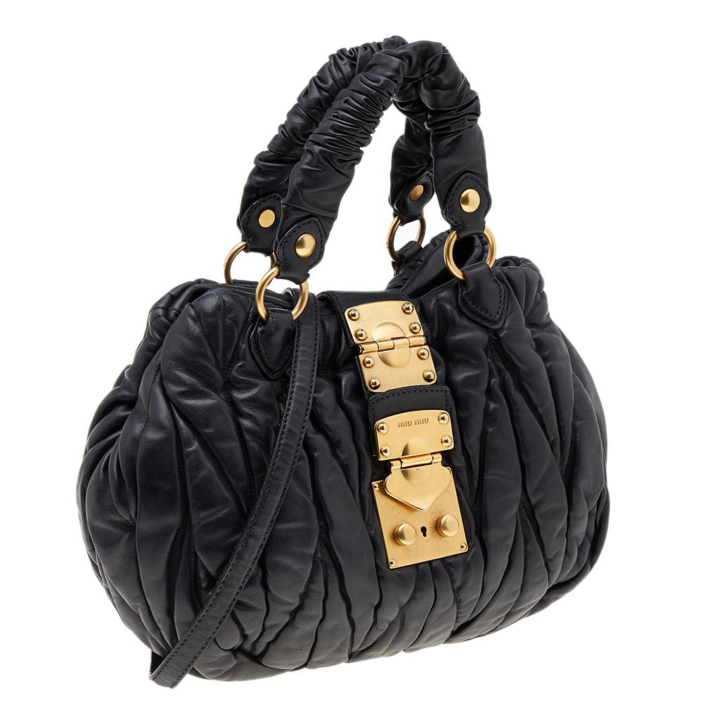 Miu Miu Black Matelassé Leather Bauletto Aperto Shoulder Bag In Good Condition In Dubai, Al Qouz 2