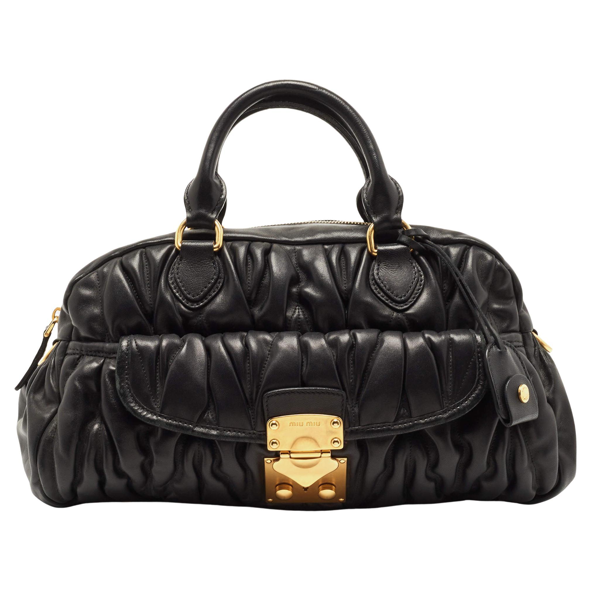 Miu Miu Black Matelassé Leather Bauletto Bowler Bag For Sale at