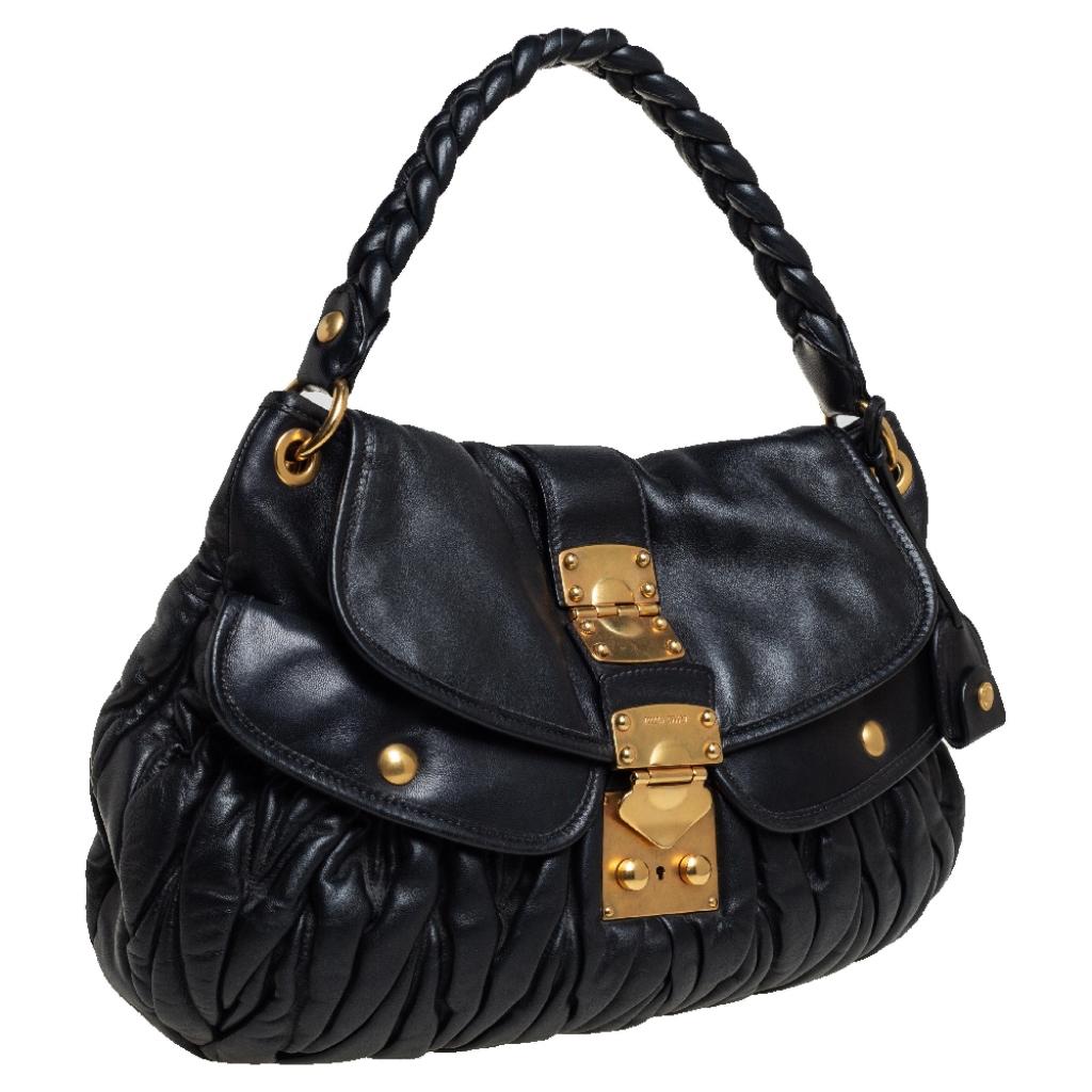 Women's Miu Miu Black Matelassé Leather Coffer Hobo