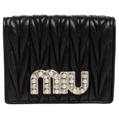 Miu Miu Black Matelassé Leather Crystal Embellished Flap Compact Wallet