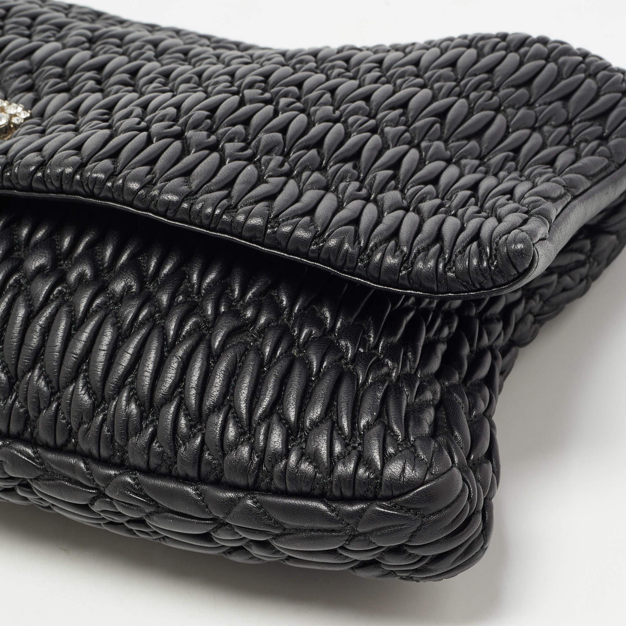 Miu Miu Black Matelassé Leather Crystal Flap Shoulder Bag 8