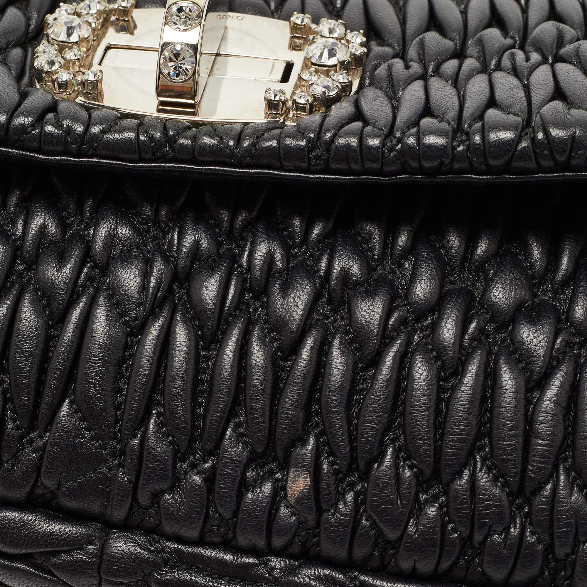Miu Miu Black Matelassé Leather Crystal Flap Shoulder Bag 11