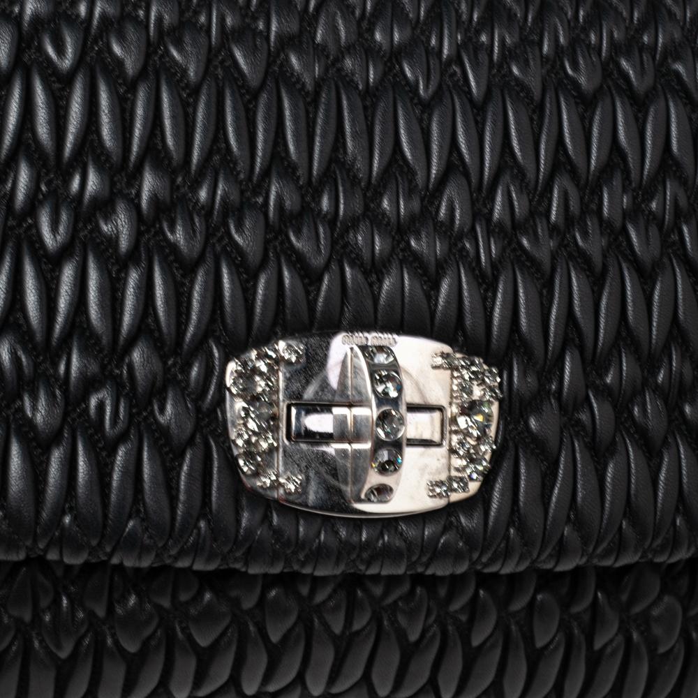 Miu Miu Black Matelassé Leather Crystal Flap Shoulder Bag In Good Condition In Dubai, Al Qouz 2