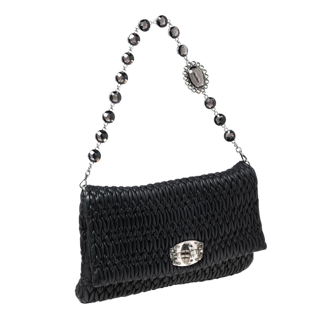 Women's Miu Miu Black Matelassé Leather Crystal Flap Shoulder Bag