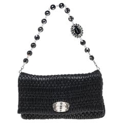 Used Miu Miu Black Matelassé Leather Crystal Flap Shoulder Bag