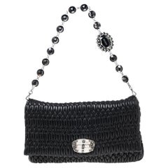 Miu Miu Black Matelassé Leather Crystal Flap Shoulder Bag