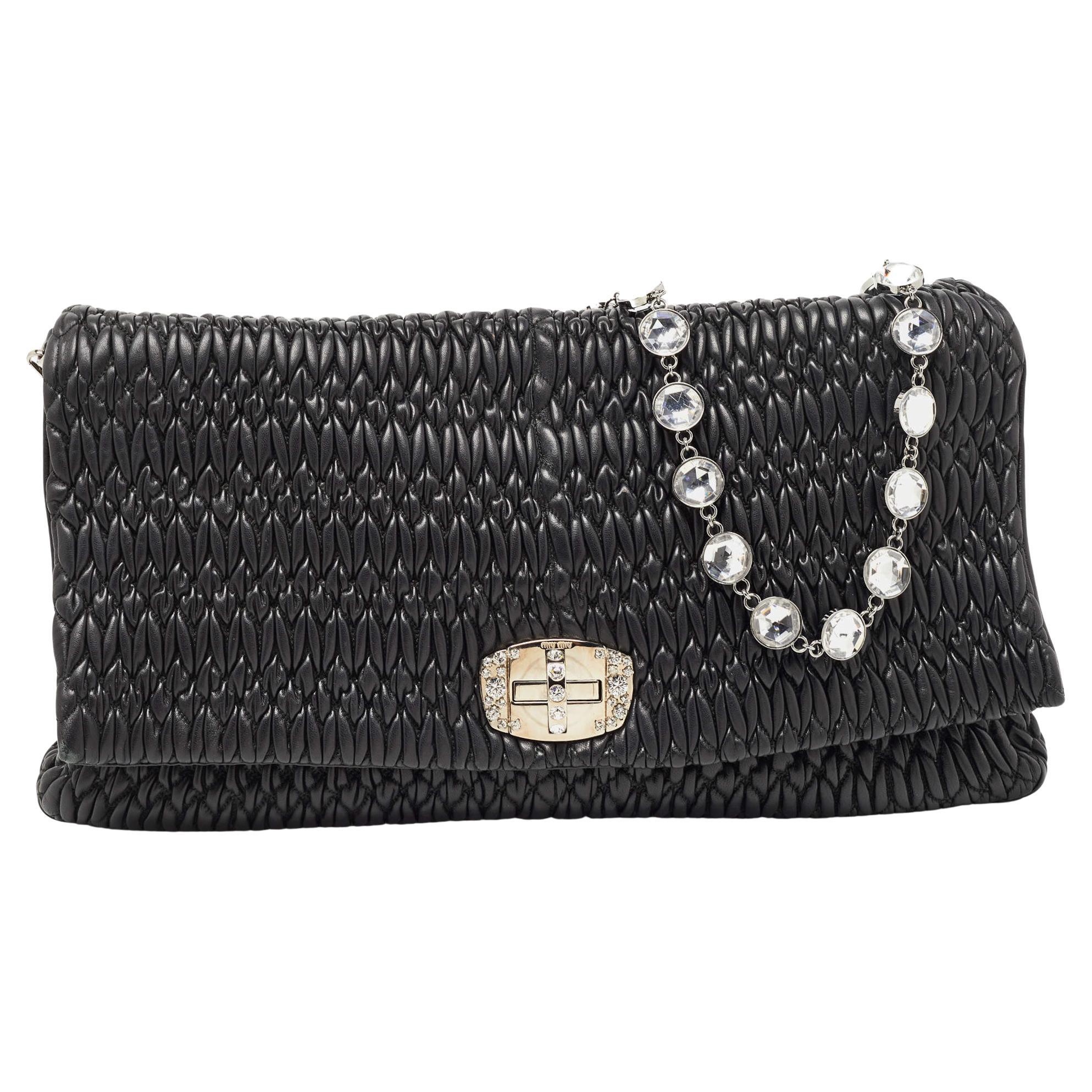 Miu Miu Black Matelassé Leather Crystal Flap Shoulder Bag