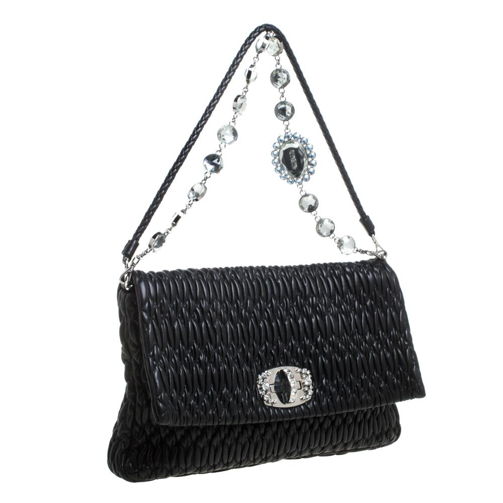 Women's Miu Miu Black Matelasse Leather Crystal Shoulder Bag