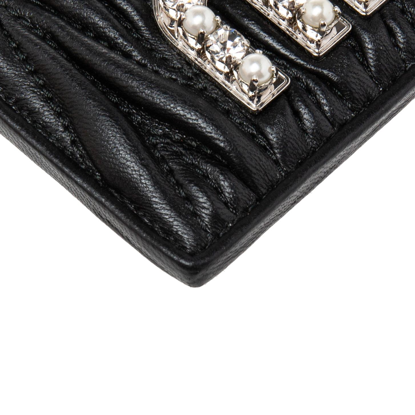 Women's Miu Miu Black Matelassé Leather Crystals and Pearl Embellished Logo Card Holder