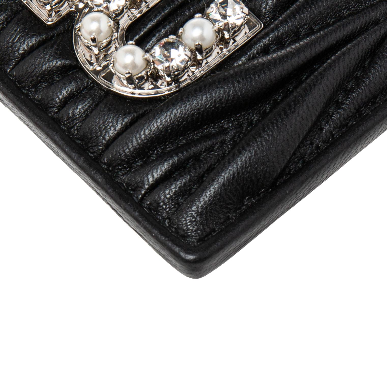 Miu Miu Black Matelassé Leather Crystals and Pearl Embellished Logo Card Holder 2