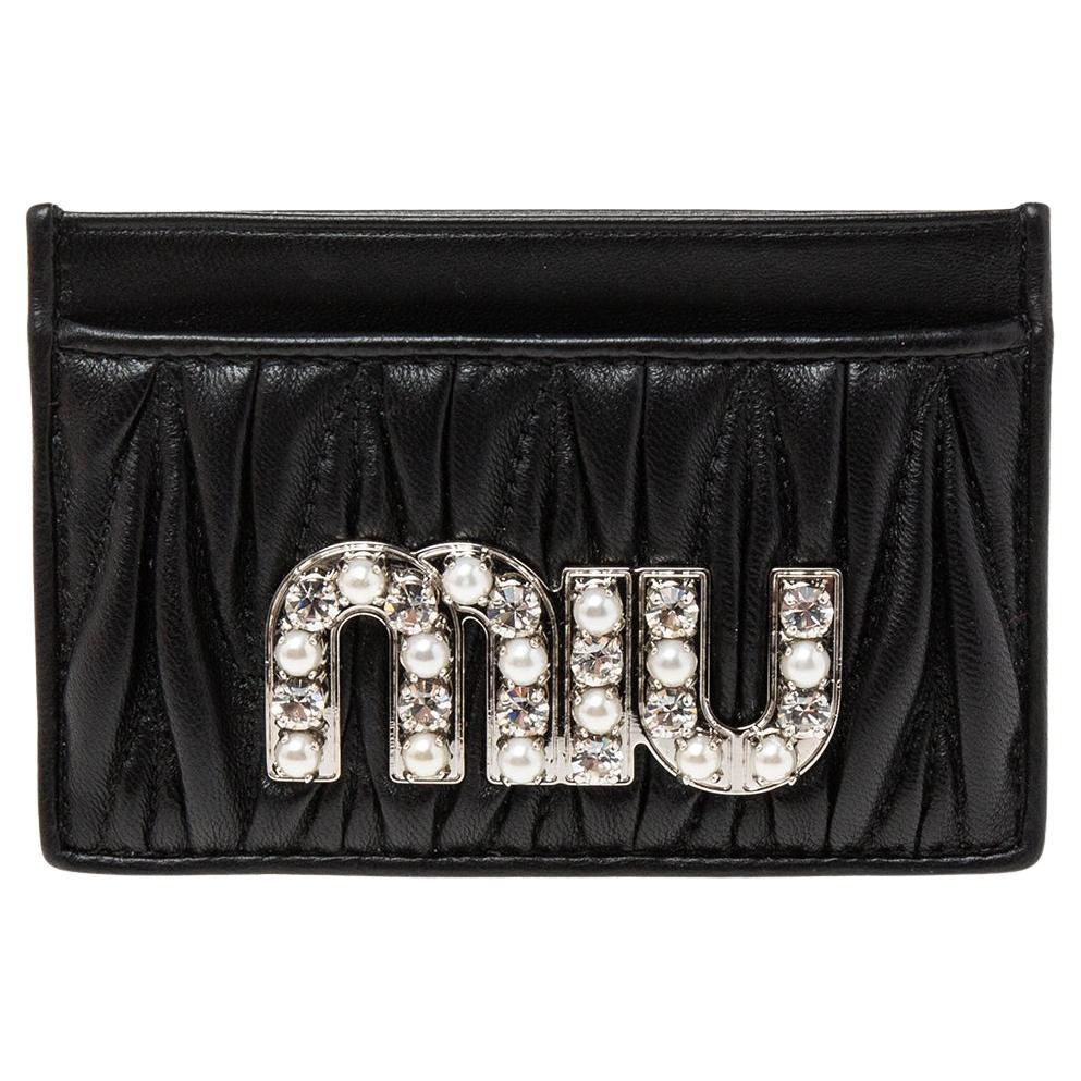 Miu Miu Black Matelassé Leather Crystals and Pearl Embellished Logo Card Holder
