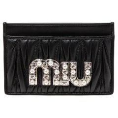Miu Miu Black Matelassé Leather Crystals and Pearl Embellished Logo Card Holder
