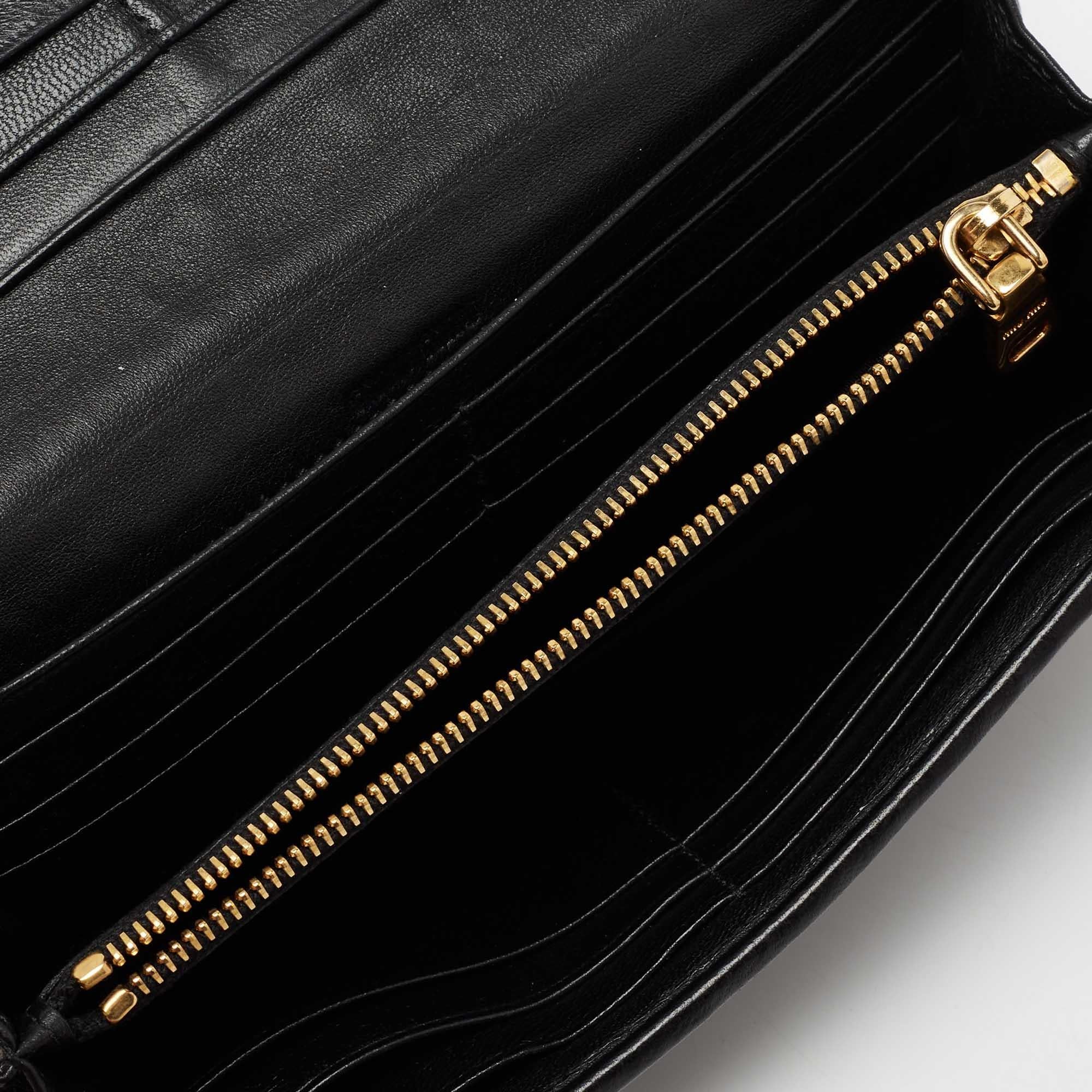 This wallet from Miu Miu is durable and fashionable. Created from matelassé leather, the brand detailing on the front flap lend it a luxe update and its compartmentalized interior will keep your monetary essentials sorted.

Includes: Original Box,