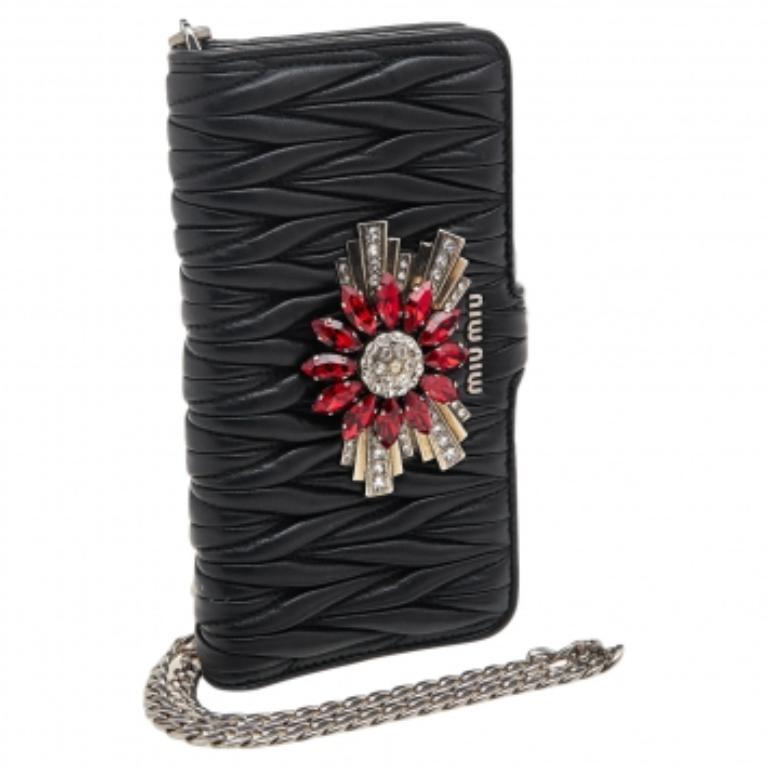 Miu Miu Black Matelasse Leather Flower Embellished iPhone 8 Plus Case For Sale 6