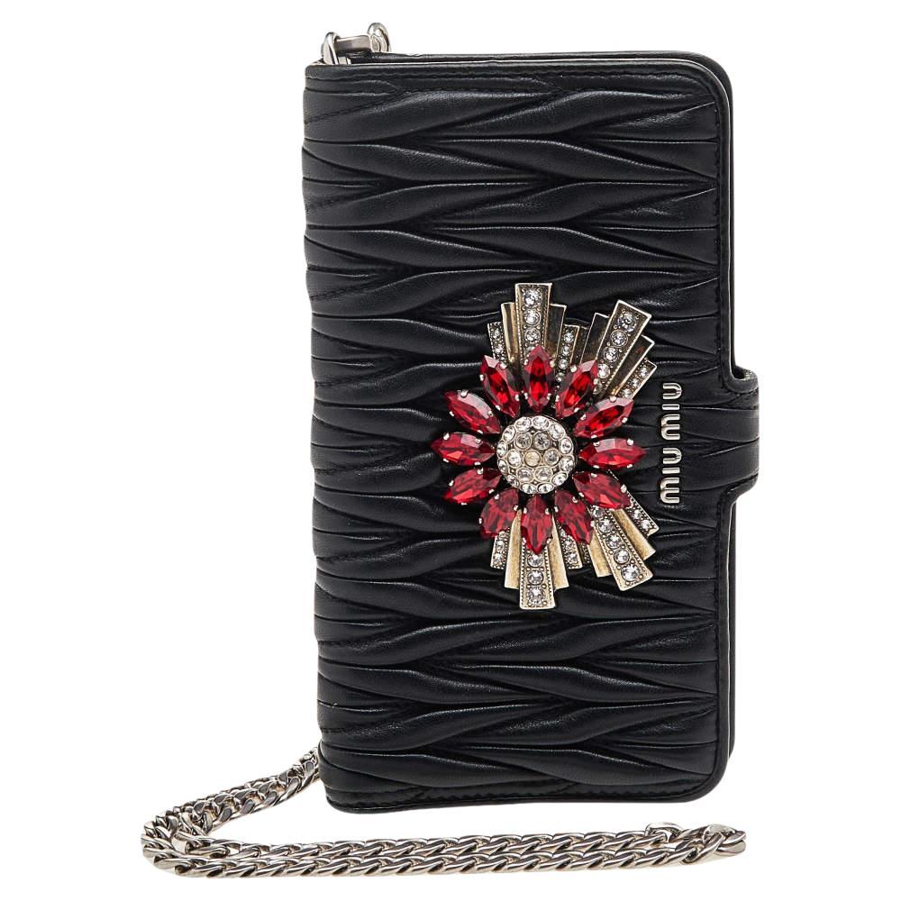 Miu Miu Black Matelasse Leather Flower Embellished iPhone 8 Plus Case For Sale