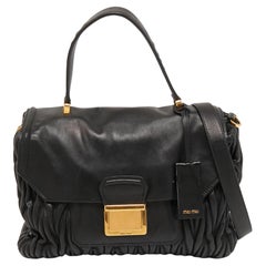 Miu Miu Black Matelassé Leather Push Lock Flap Top Handle Bag