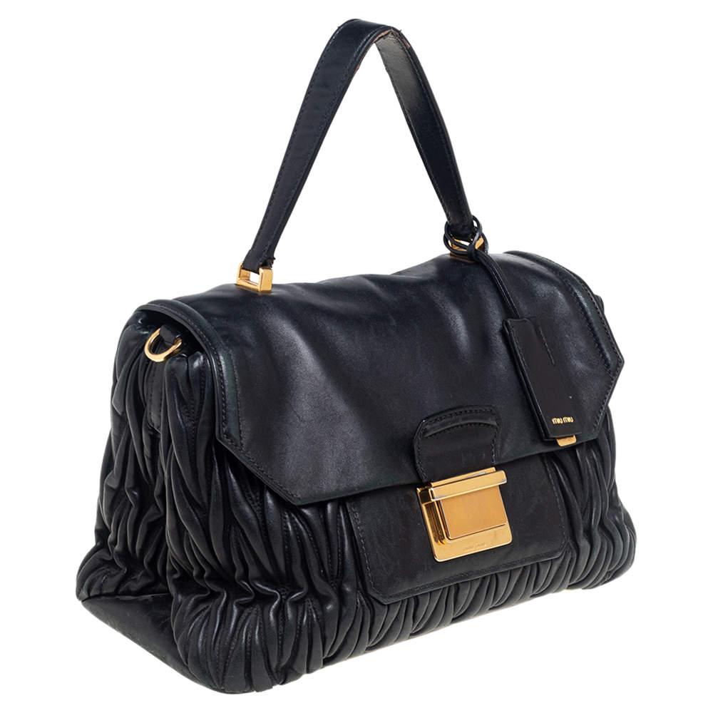 Women's Miu Miu Black Matelassé Leather Push Lock Top Handle Bag For Sale
