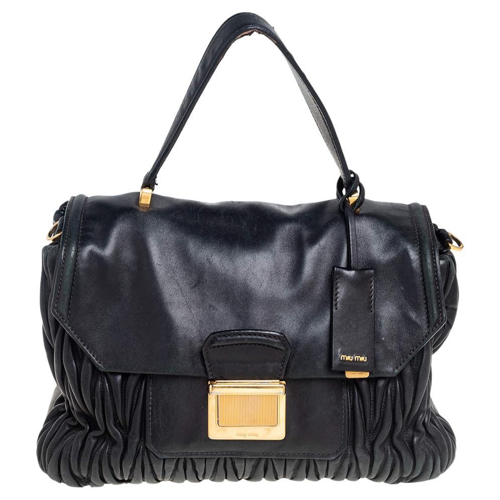 Miu Miu Black Matelassé Leather Push Lock Top Handle Bag For Sale