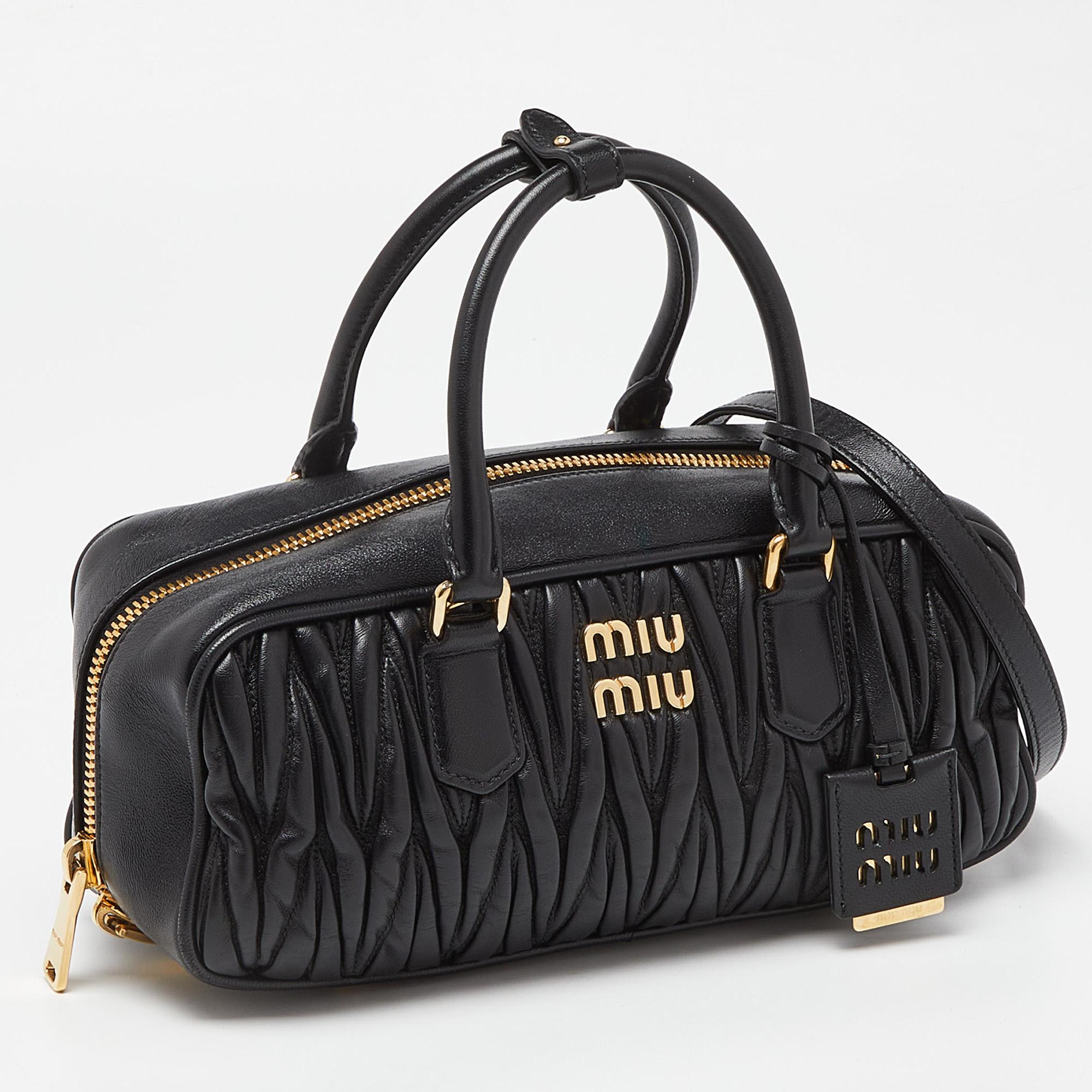 Women's Miu Miu Black Matelassé Leather Top Zip Satchel For Sale