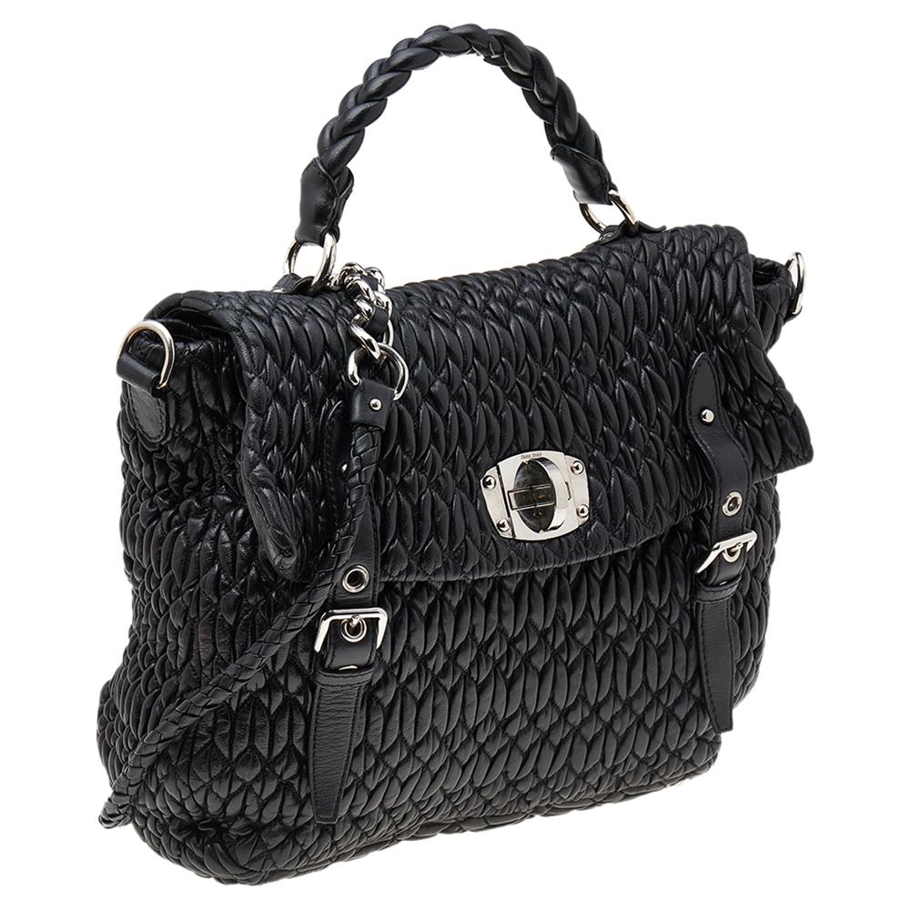 Miu Miu Black Matelassé Leather Turnlock Flap Top Handle Bag In Good Condition In Dubai, Al Qouz 2